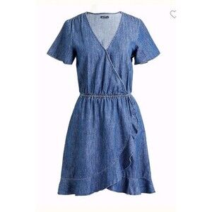 J.Crew Chambray Ruffle Faux Wrap Dress Mini Blue 100% Cotton L0545 Size XXS
